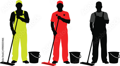 Cleaning Service Worker Silhouette Icon Set Featuring Mopping and Bucket for Janitorial, Maintenance, and Facility Services