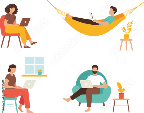 People working remotely on laptops in cozy home environments and relaxed positions