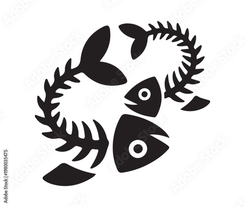 Abstract fish skeletons swimming in circular motion black silhouettes of marine life remains vector