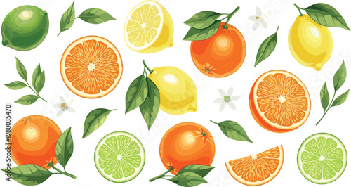Fresh citrus fruits collection with orange, lemon, lime slices and leaves vector illustration for healthy food, juice and summer design