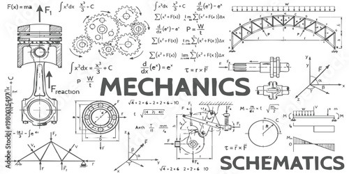 Bild auf Leinwand Technical mechanical engineering schematics with mathematical formulas and physi