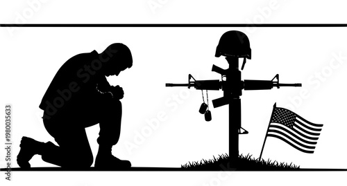 A solemn silhouette of a soldier kneeling in front of a cross