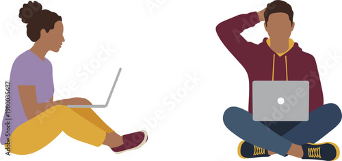 Young people using laptops while sitting casually in relaxed modern lifestyle setting