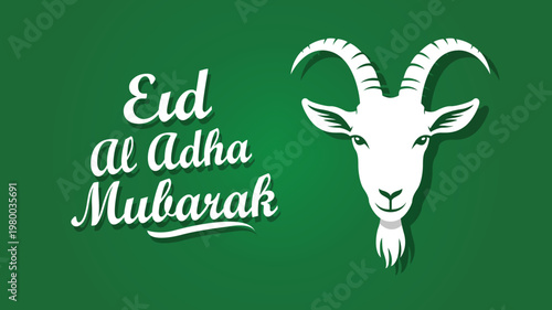 Eid al Adha Mubarak greeting card with white goat head frontal view on green background.