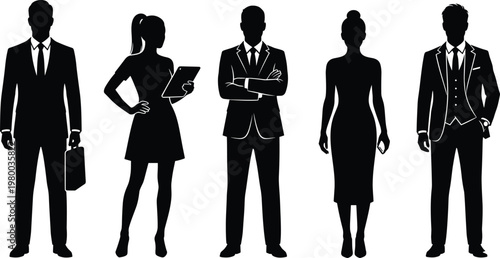 Five diverse professional business person silhouettes in formal attire standing together representing modern corporate leadership and teamwork.