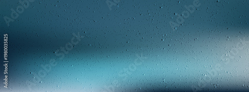 Realistic vector water droplet texture on a dark blue and teal gradient background. Minimalist abstract rain pattern banner.