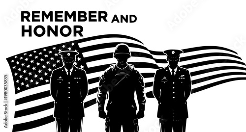 A vector graphic illustration of soldiers and the American flag honoring veterans