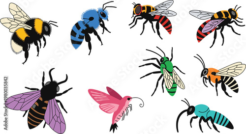 Colorful Bee and Insect Vector Set Featuring Bumblebees, Honeybees, and Vibrant Insects for Nature and Pollination Designs