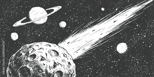 Hand drawn ink style celestial space scene with craters on moon and flying comet vector illustration