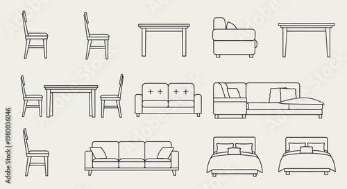 Furniture outline icon set with chair table sofa and bed collection