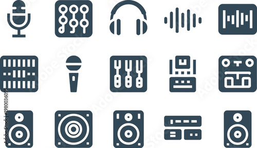Set of dark musical recording studio equipment icons for professional sound engineering and media production projects