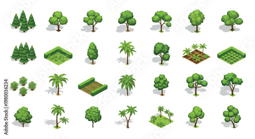 Isometric tree and landscape element set with garden plants and greenery