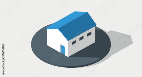 Minimal isometric white house with blue roof isolated on gray shadow base