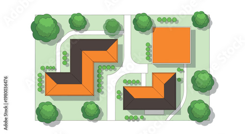Isometric house site plan with garden path and residential landscape layout