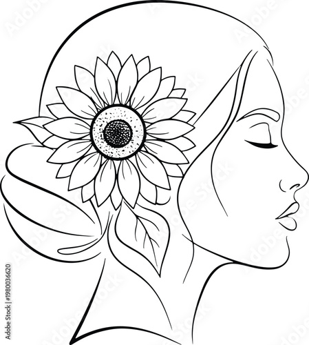 A woman's head with a flower in her hair.