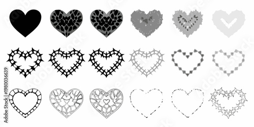 A series of heart shapes demonstrating varying opacities and patterns