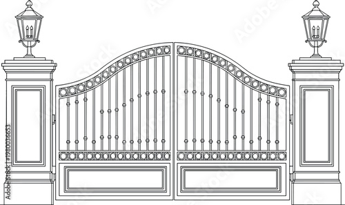 Architectural line art illustration of a luxury wrought iron driveway gate with decorative pillars and vintage lanterns for house entrance.