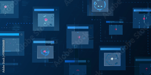 Abstract digital background with glowing blue squares and binary code