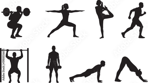 A group of people doing various exercises.