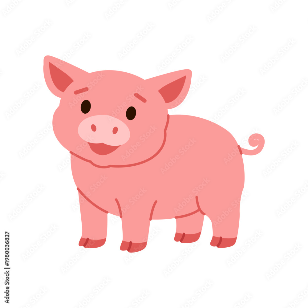 Fototapeta premium Cute Pink Pig Isolated on White Background. Domestic Farm Animal for Kids. Flat Vector Illustration.