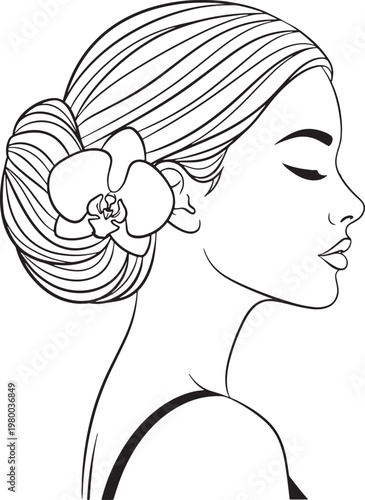 A woman with her hair in a bun and a flower.