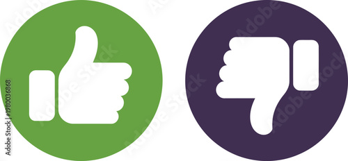 Green thumbs up and purple thumbs down symbols representing approval or rejection choices for user feedback