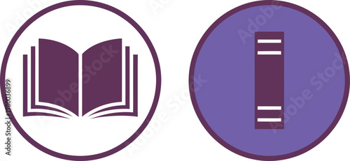 Two circular icons displaying an open textbook and a closed vertical spine for library navigation interface