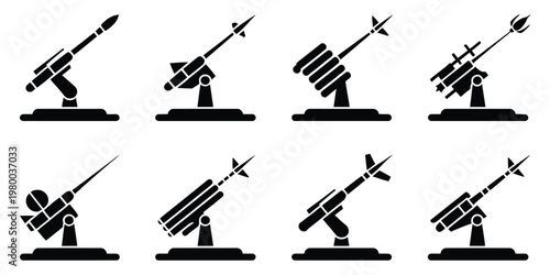 Set of military missile launchers on stands isolated vector illustration