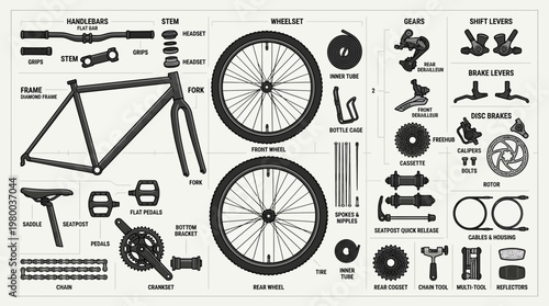A collection of bicycle parts and components illustrated in a flat monochrome vector style.