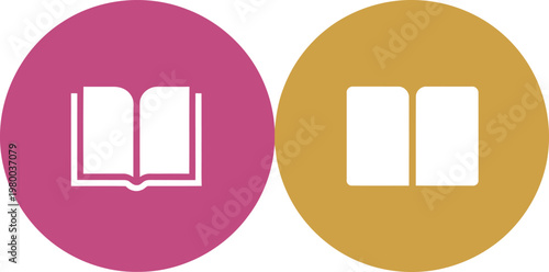 Simple flat icons featuring open book symbols in magenta and gold circular frames for education projects