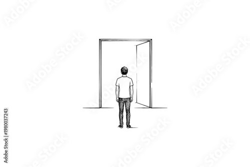 Man standing before an open doorway, contemplating the unknown future