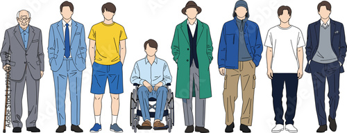 Diverse Human Character Illustration Set Featuring Different Ages, Attire, and Abilities for Social, Accessibility, and Lifestyle Concepts