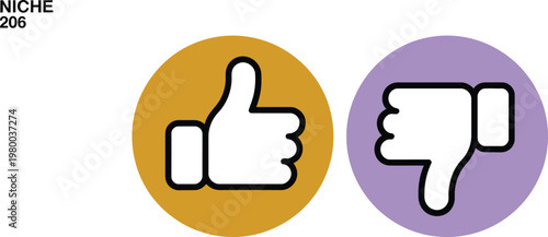 Hand gestures showing positive and negative feedback options inside colorful circular buttons for user interface evaluation