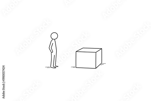 Minimalist stick figure contemplates a mysterious cube on a white background