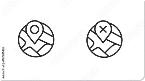 Navigation icons featuring map pins indicating valid location discovery and invalid destination points for route planning