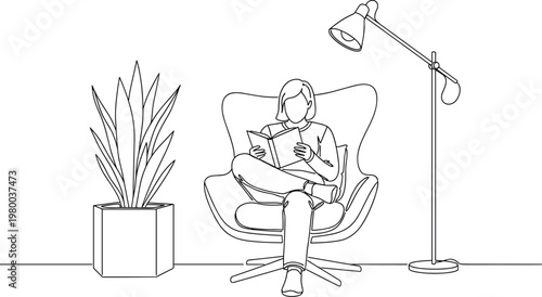 Continuous line art illustration of a young woman sitting in an armchair reading a book with a plant and lamp.