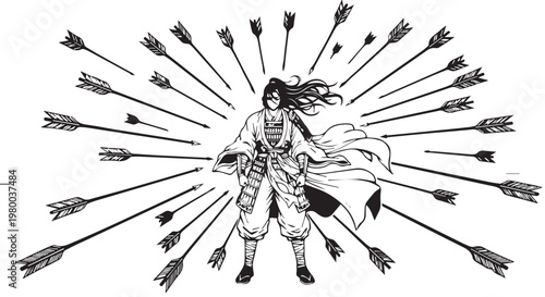 Warrior, archer, ancient, mythical, illustration, line art, black and white,  vector graphics
