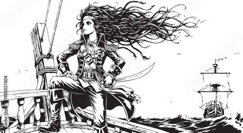 Photos Pirate, swashbuckling pirate, sea, sailing ship, black and white vector, illustr