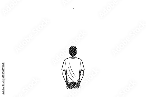 Young man standing alone looking up at a small dot in the vast white space
