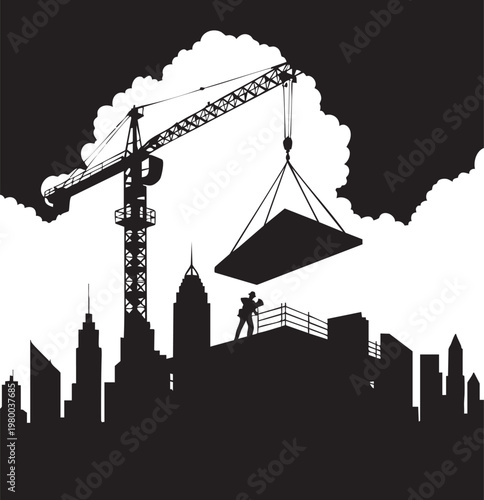 a construction worker oversees a crane lifting a concrete slab onto a building under construction, set against a city skyline with a blue sky and clouds, representing urban development and industrial 