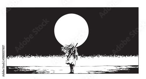 Monochrome illustration, winged figure, full moon, landscape, black and white vector