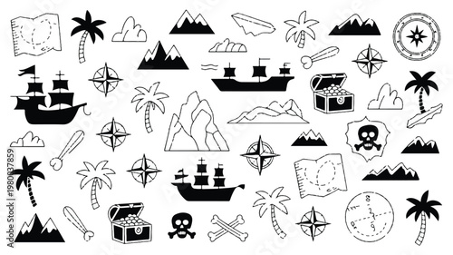 A collection of black and white illustrations featuring various pirate-themed icons and symbols, including ships, palm trees, and treasure maps, arranged in a collage.