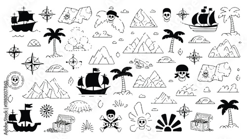 An illustration depicts various pirate-themed icons including ships, skulls, and palm trees in a tropical island setting with mountains.