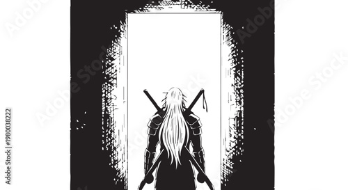 Fantasy warrior, long hair, black and white illustration, comic book style, vector graphic