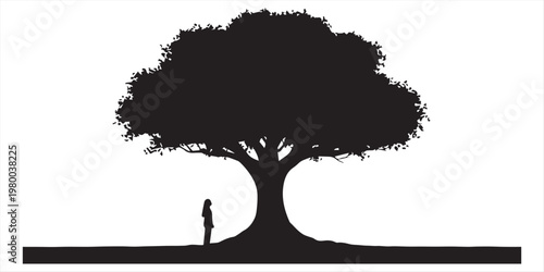 Silhouette of a little girl standing under a large ancient tree. 1
