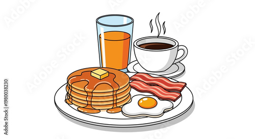 Hearty breakfast plate with pancakes bacon egg coffee and orange juice.