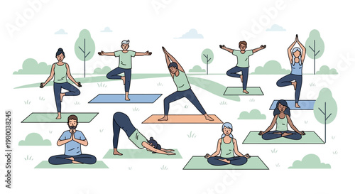 Diverse group practicing yoga poses on mats.