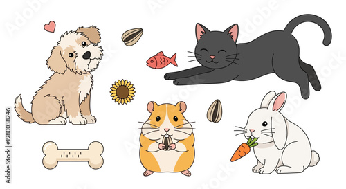 Cute cartoon pet animal characters dog cat rabbit hamster.