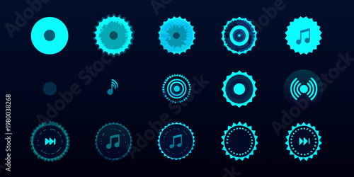 Abstract neon blue music icons and sound wave elements on black