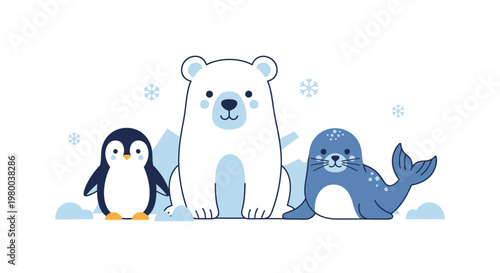 Cute arctic animal trio penguin polar bear seal.